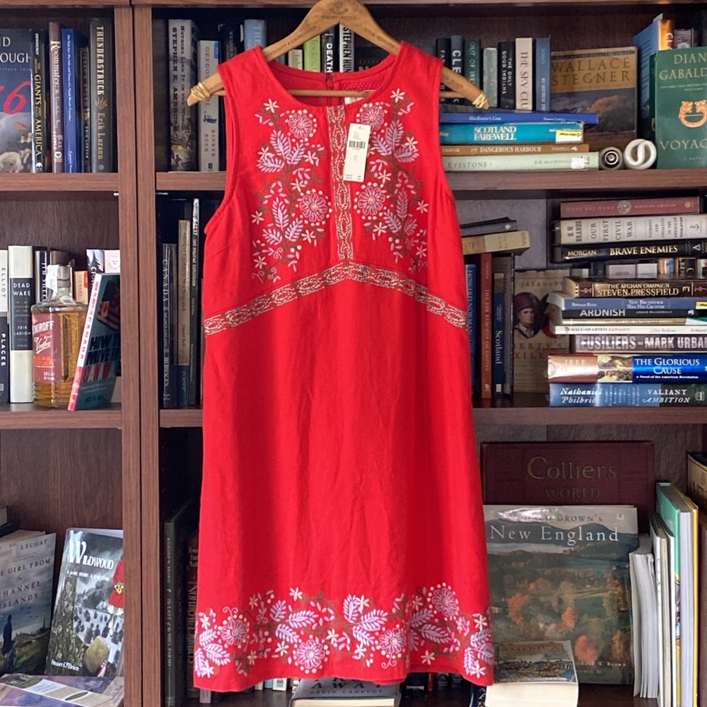 New! Anthropologie Aiko Embroidered Red Linen Blend Shift Dress Women's Size 6 - Picture 4 of 13